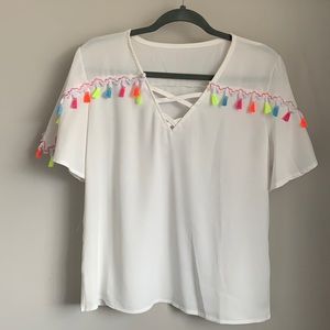 SHEIN White Flowy Top Blouse With Colorful Tassle Detail